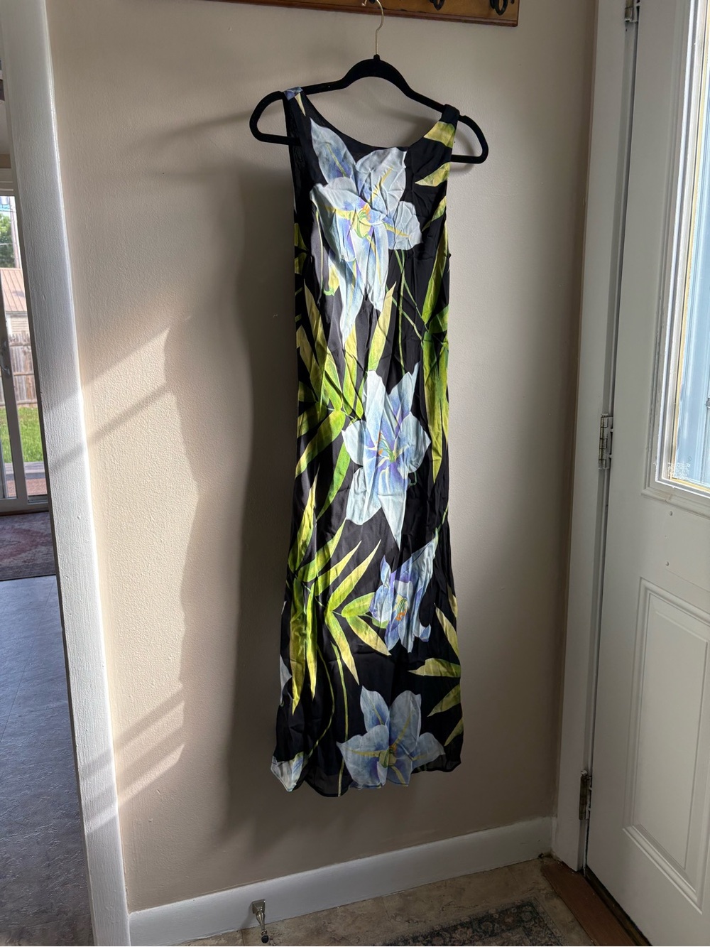 Vintage Black Midi Dress with Blue Flowers and Green Leaves
